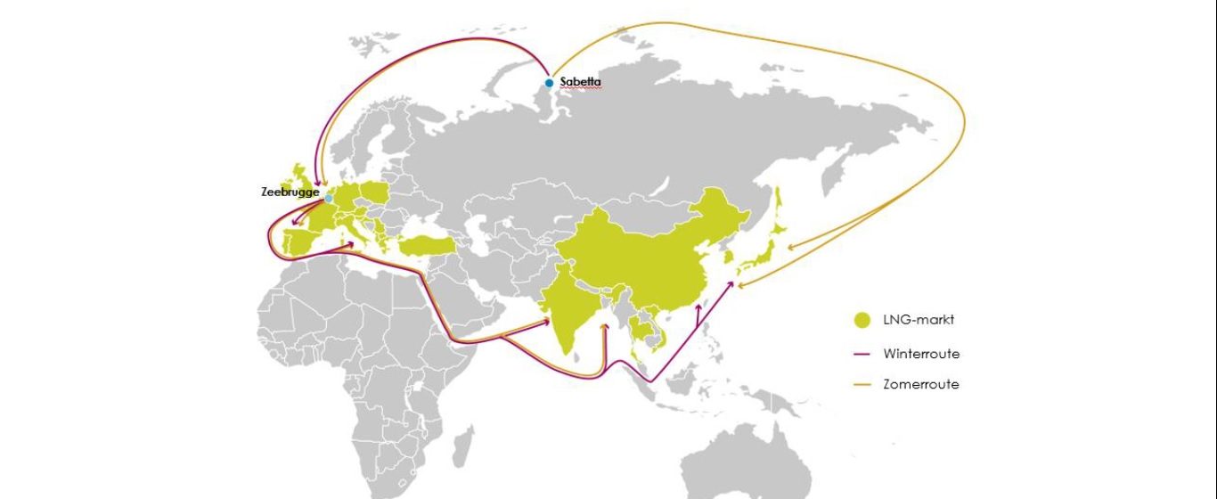 De winterroute en zomerroute voor lng tussen Zeebrugge en de fabriek Yamal in Sabetta